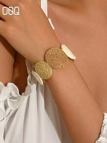 OOQ 1pc Vintage Minimalist Style Brown Geometric Circle Patchwork Bracelet, Fashionable Personalized Design Elegant Women's Fashion Bangle, Open Adjustable Size, Suitable For Daily Wear And Holiday Gift - Mixed Coffee - View 1