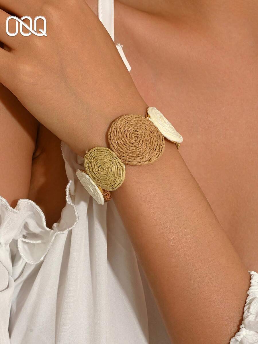 OOQ 1pc Vintage Minimalist Style Brown Geometric Circle Patchwork Bracelet, Fashionable Personalized Design Elegant Women's Fashion Bangle, Open Adjustable Size, Suitable For Daily Wear And Holiday Gift - Mixed Coffee - View 1