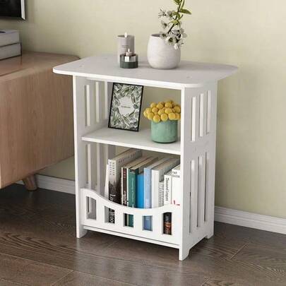 1pc Wooden Double-Layer Space-Saving Minimalist Nordic Style White Mini Square Coffee Table Bedside Table Side Table, Suitable For Small Apartment Living Room Bedroom Home Furniture