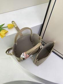 2pcs Spring New Fashion PU 2 Pieces Set Tote Bag, Women's Handbag, Minimalist Commuter Bag With Scarf Decoration, Shoulder Crossbody Bag, Suitable For Women And Girls, Office Essential - Khaki - View 9