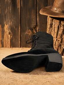 Women Fashion Boots, Lace Up Ankle Boots With Block Heel - Black - View 7