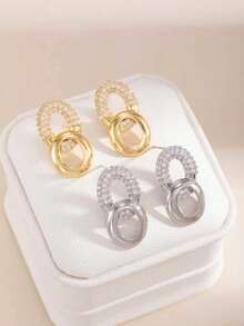 Light Luxury Double Ring Rhinestone Earrings, High-End Geometric Hollow Stud Earrings, Versatile Commuter Style Elegant Ear Jewelry For Women - Double Hoop Earrings - View 3