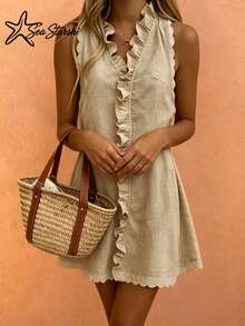 Sea Starshine New Arrival Khaki Linen Ruffle Hem Sleeveless Dress Elegant Summer - Khaki - View 9