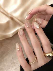 10 Medium Oval Press-On Nails With Asymmetric Gold Edges, Decorated With Shells And Pearls, Elegant Full-Cover Fake Nails, Perfect For Everyday Wear, Dates, Weddings, And Parties For Women - Follow Your Heart - View 10