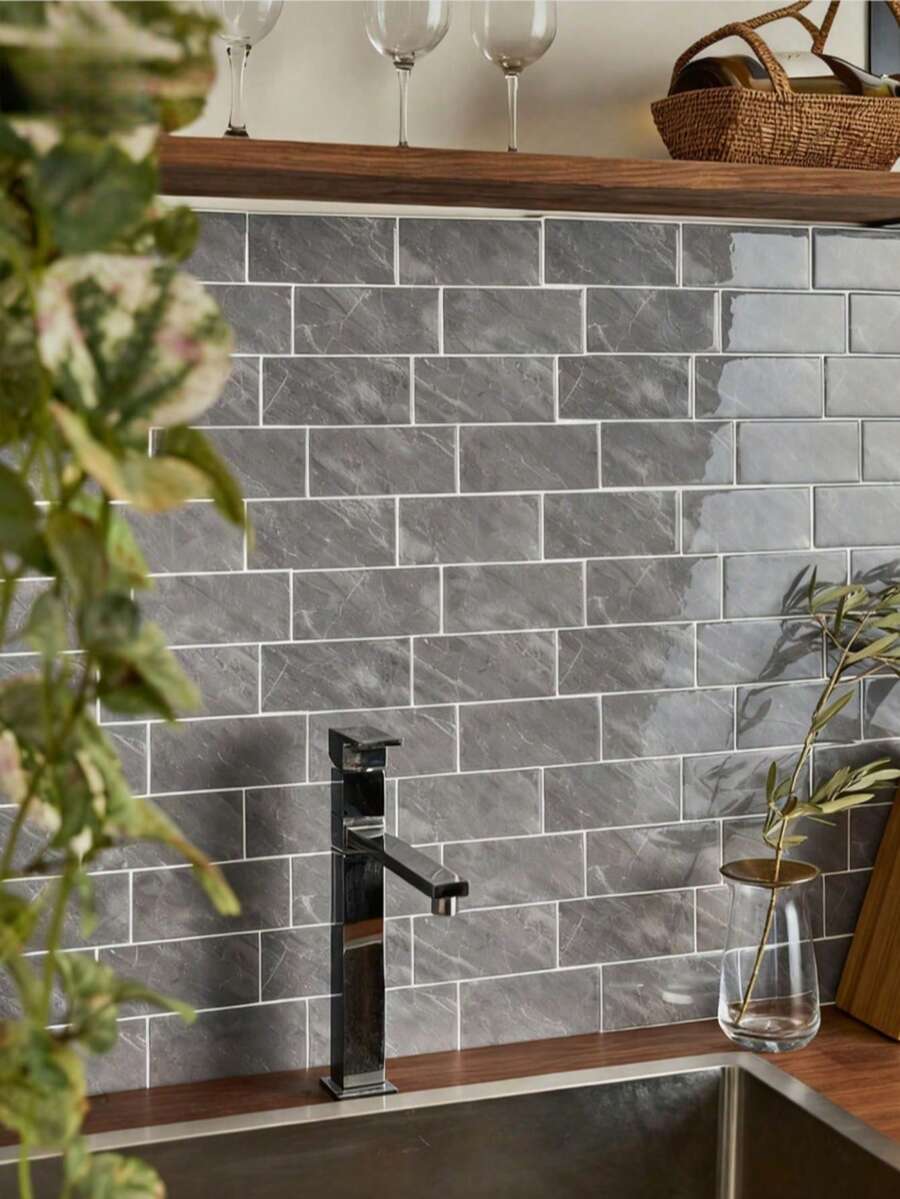 DIY Wall Tile Panels With Grey Stone Texture And Waterproof Ceramic Patterns, Removable Self-Adhesive Wall Tile Stickers Suitable For Kitchen And Bathroom Splash Backs As Well As Festival Decorations - Black and Grey Tile Wall Stickers - View 1