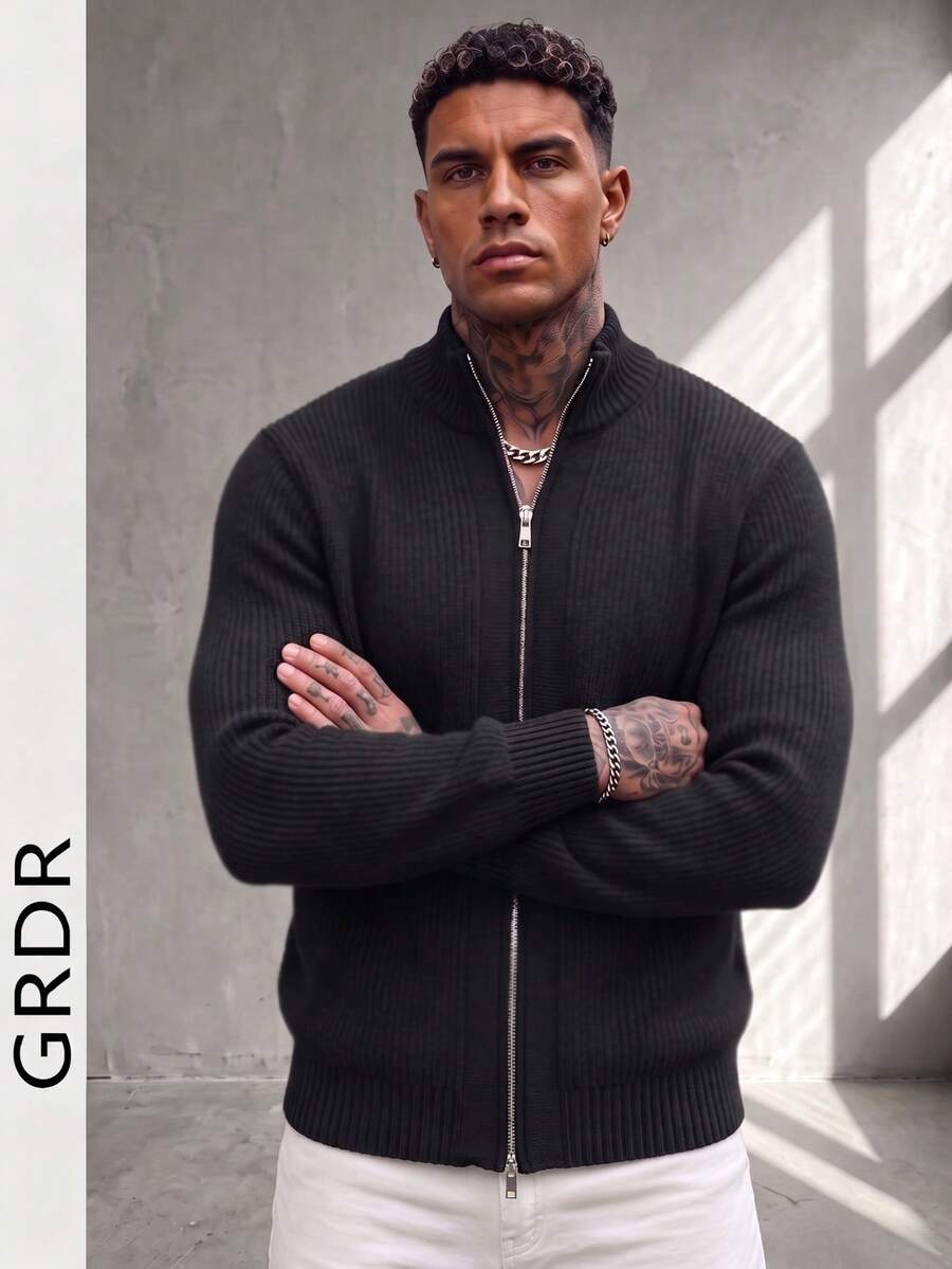 GRDR Suéter de cuello redondo de manga larga con doble cremallera para hombre, versátil para uso diario