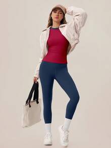 TimeOff Women's One Set Colorblock Round Neck Long Sleeve High Waist Leggings Gym Workout Set - Navy Blue - View 6