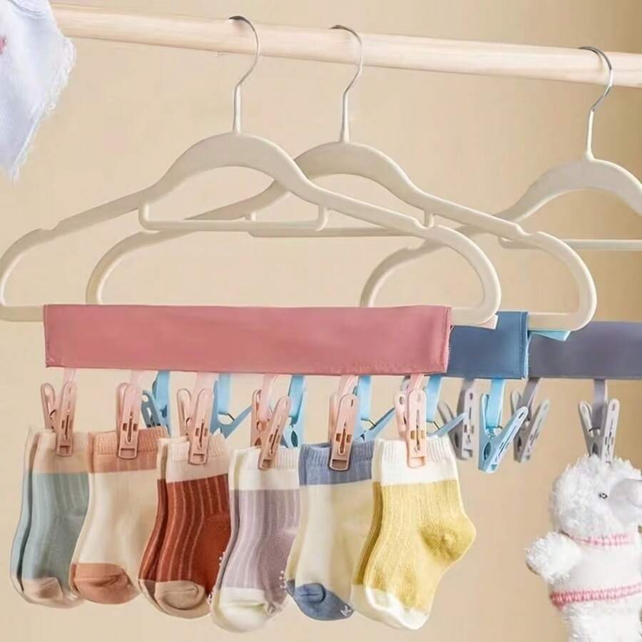 Portable Travel Fabric Clothes Hanger, Compact Foldable Hanger, Bathroom Hanging Rack With 6 Clips, Foldable Space-Saving Sock, Underwear And Small Clothes Drying Rack, Suitable For Travel, Business Trip, Hotel, Dorm, Home - Light Colors - View 1