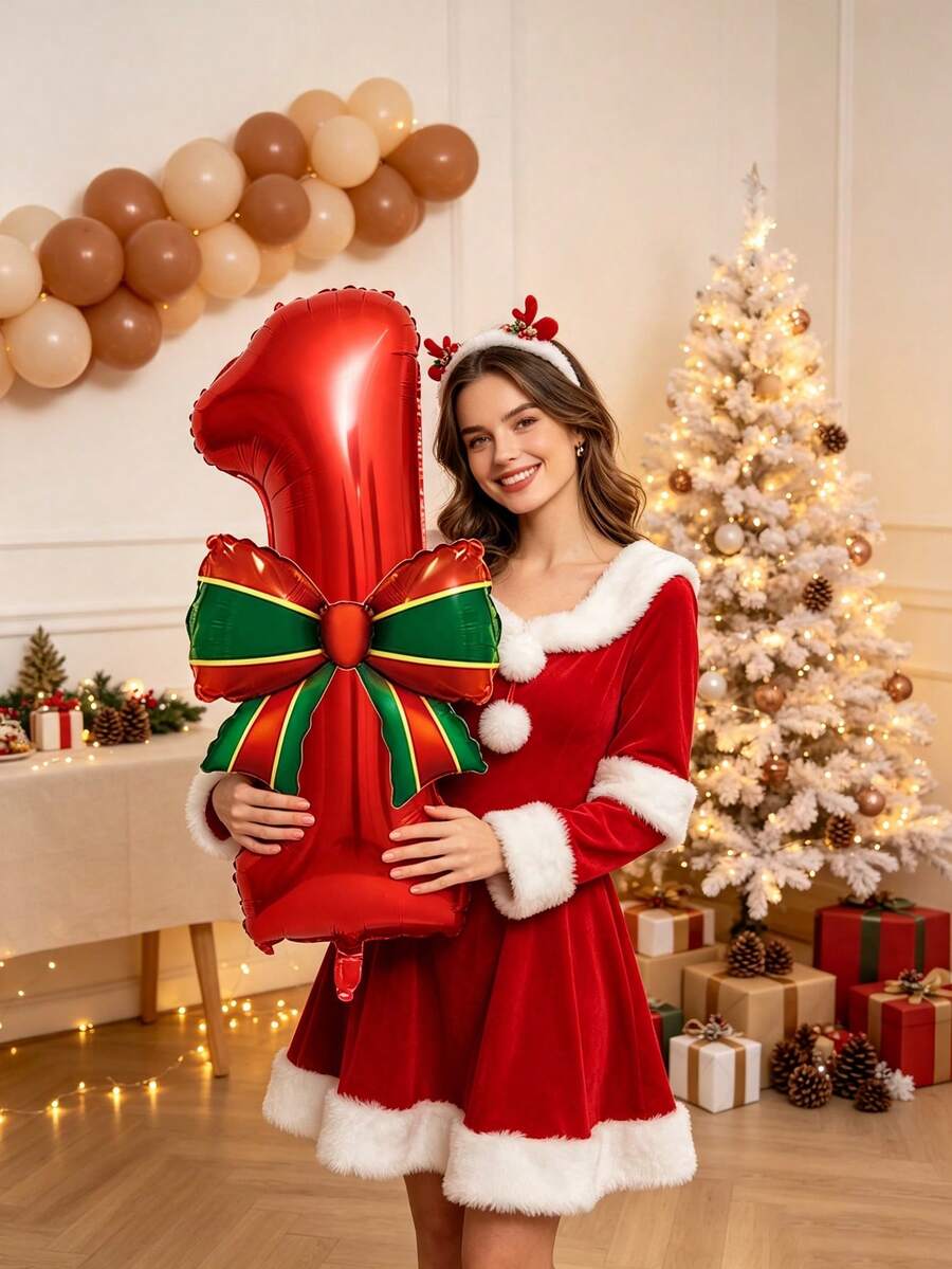 2pcs 32 Inch Red Number 0-9 Christmas Bow Birthday Party Decoration Aluminum Foil Cartoon Balloon Set - View 1