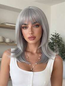 Topshe 16 Inch Light Pink & Silver Layered Cut Women's Wig With Bangs, Shoulder Length Straight Synthetic Fiber Wig, Heat Resistant Fashionable Hairstyle, Suitable For Halloween, Cosplay, Party, Costume Performance And Daily Wear - Multicolor - View 6