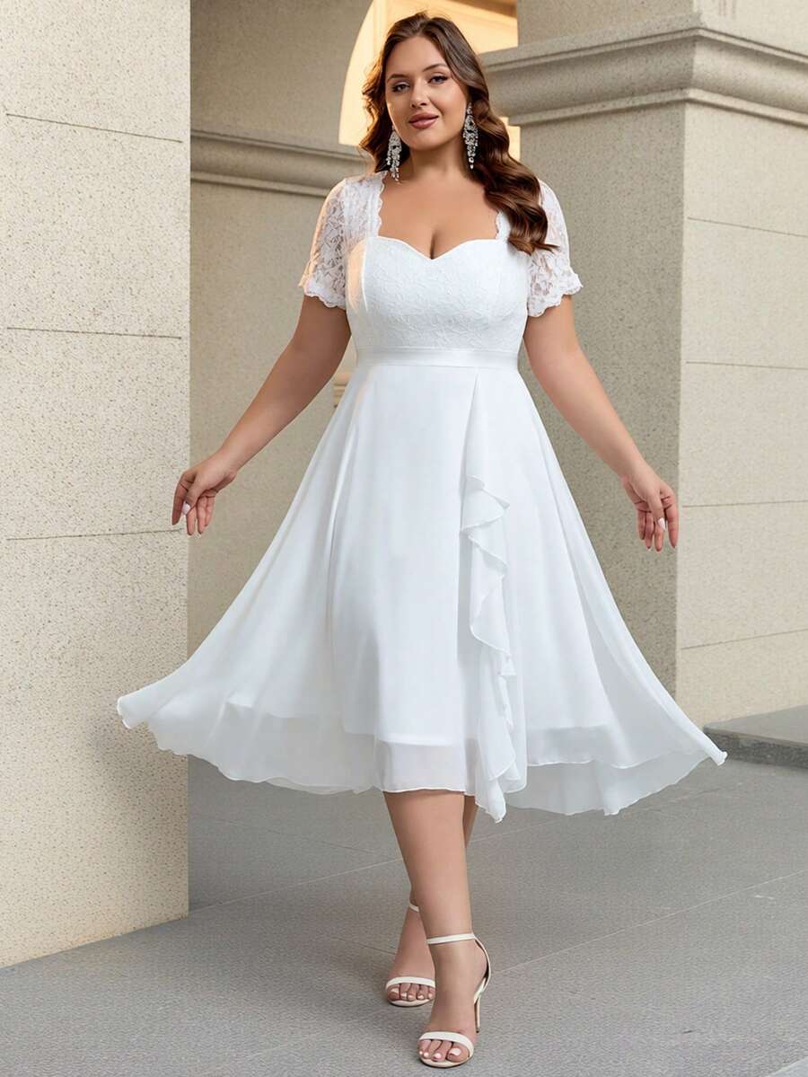 Plus Size Women Solid Color Mature Party Elegant Romantic Chiffon Lace Collar Bridal Gift Party Dress Wedding White Fall