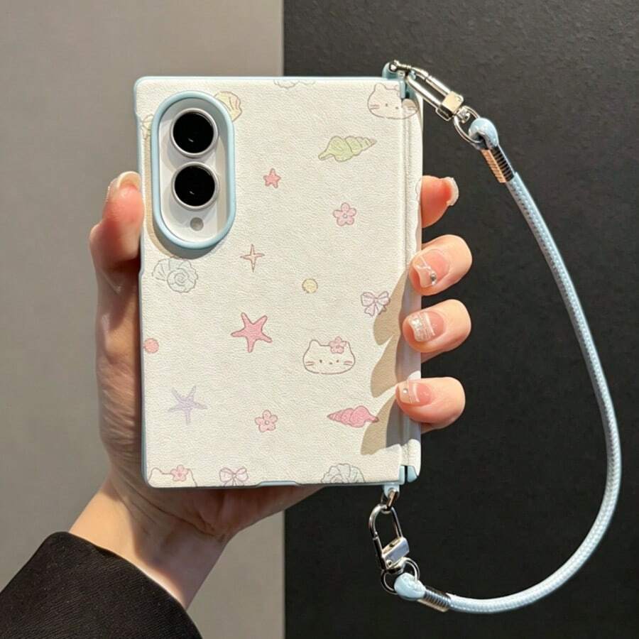 Casing Motif Cangkang Kucing Lucu Korea dengan Tali Portabel, Kompatibel dengan Galaxy Z Fold8 Wide ZFold8 Back Cover