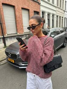 EAVA Women's Casual Loose Striped Knit Sweater, Dropped Shoulder Textured Pullover, Comfortable Vintage Style Autumn/Winter Top - Red - View 7