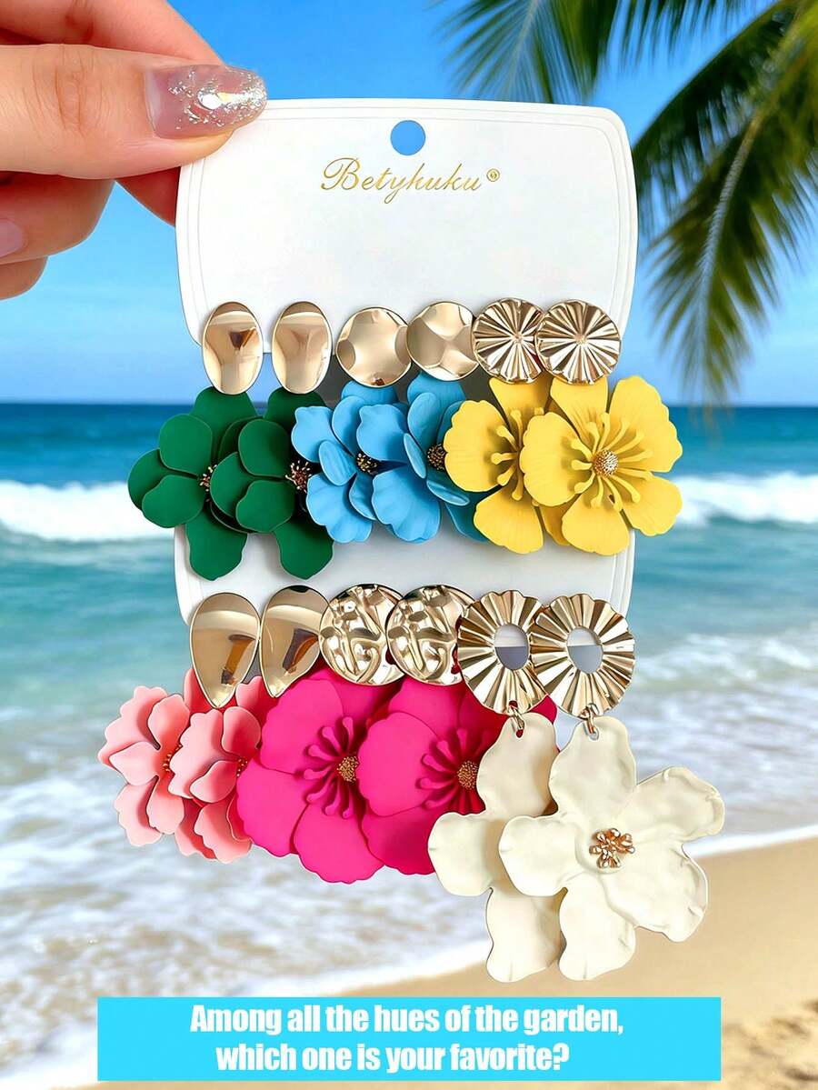 Betykuku 6 Pairs Vacation Fashion Exaggerated Colorful Flower Earrings