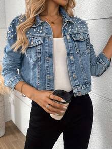SS-Sunrise Fashion Women's Stunning Long Sleeve Button Front Pearl Rivet Denim Jacket, Regular Length Non-Stretch Collar Jacket, Suitable For Autumn/Winter Wear - Blue - View 2