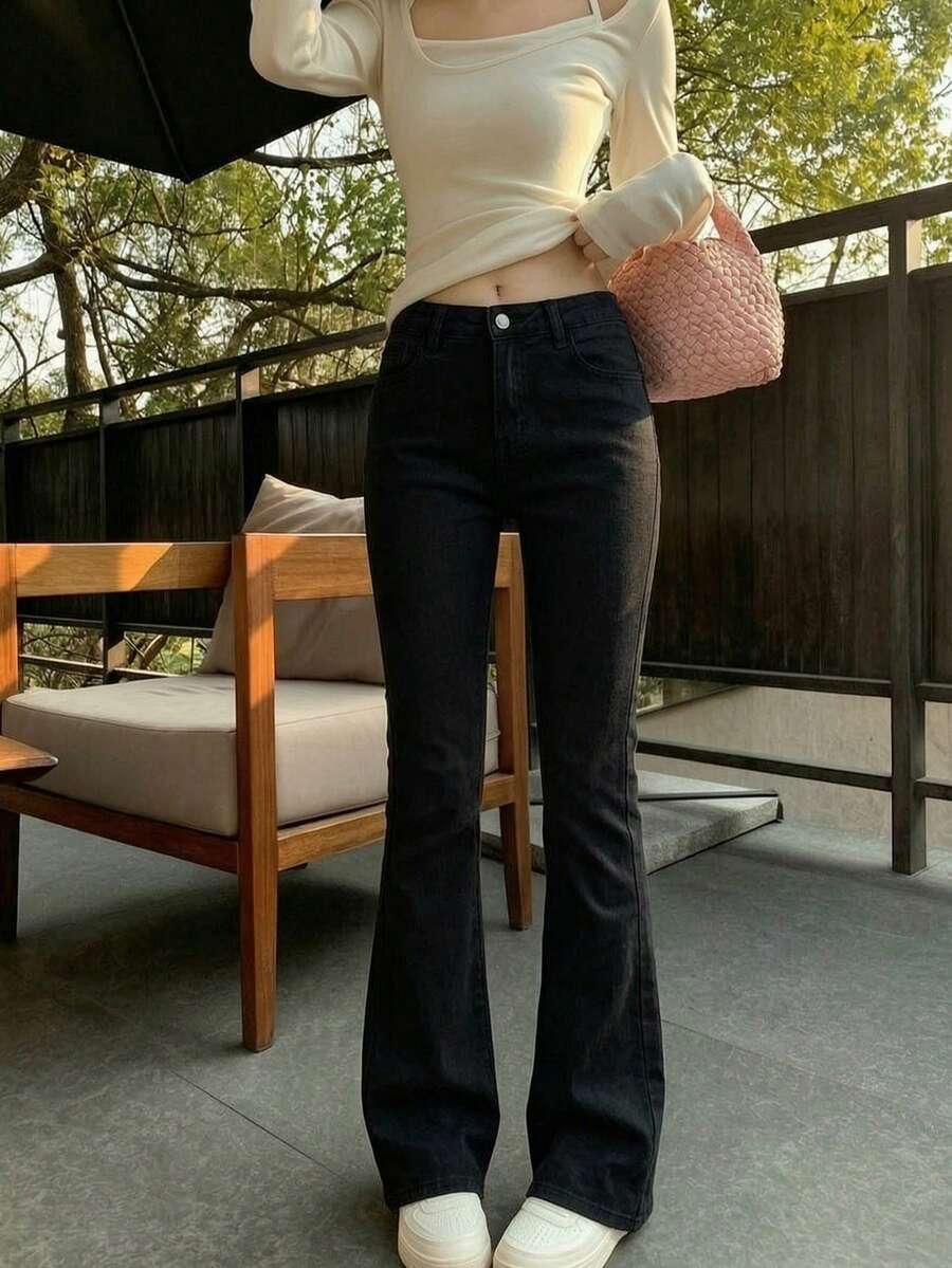 女孩風四季百搭純色喇叭褲,適合日常穿著與通勤休閒,黑色秋季款 - 黑色 - 查看 1