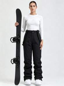 1pc Women's Loose Fit Winter Snowboard Pants, Sporty Style, With Detachable Suspenders, Suitable For Outdoor Activities, Double Skiing Gear, Warm Clothing, Reinforced Structure, Functional Snow Bib Pants, Snow Gear, Thickened, Slim Fit Ski Suit (Front Placket And Pockets Have Three Different Types Of Zippers, Randomly Shipped.) - 黑色 - 查看 3