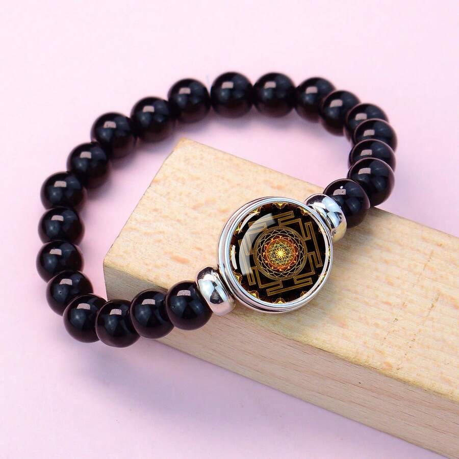 1 Buah Gelang Manik Kaca Pola Geometri Suci Mandala Cabochon Charm Bracelet Perhiasan Jimat Spiritual untuk Pria dan Wanita - Hitam - View 1