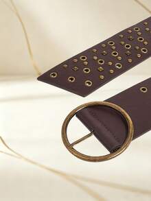1PC Vintage Round Buckle Gold Rivet Wide Belt, Dark Punk Style PU Leather Belt, Halloween Outfit Decorative Waist Cincher - Studded Belt - View 7