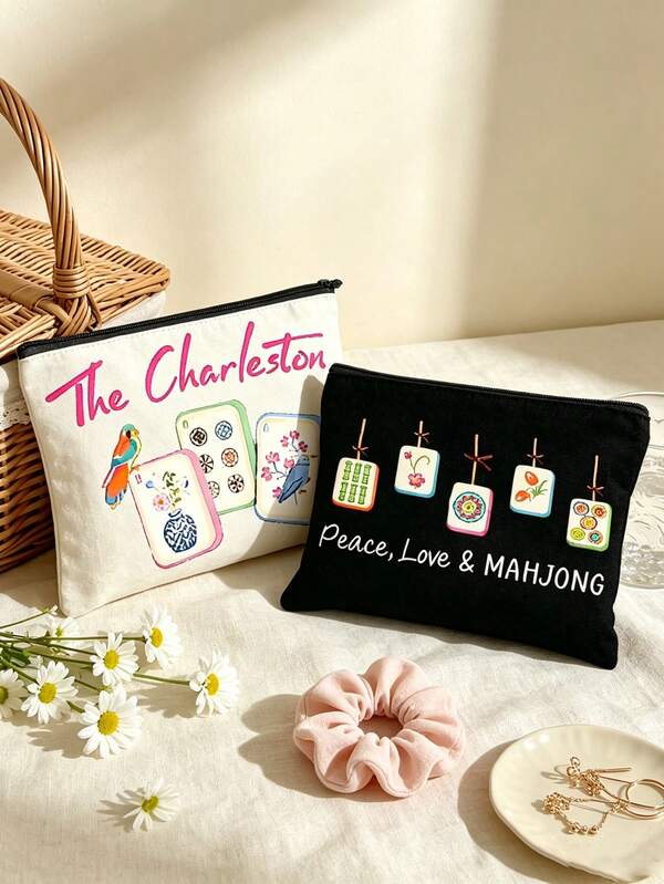 Fun Mahjong Gift Makeup Bag, Mahjong Pattern Toiletry Bag, Miscellaneous Storage Bag, Compact And Portable, Travel Essential, Makeup Bag Travel Toiletry Bag, Suitable For Wallet, Beach, Daily Travel, Applicable For Tourism, Party, Date, Back To School, Dorm, Ideal Women's Birthday Gift, Teacher's Day, Mother's Day, Valentine's Day, Christmas, Halloween, Best Choice For Mahjong Lovers, Game Players, Friends