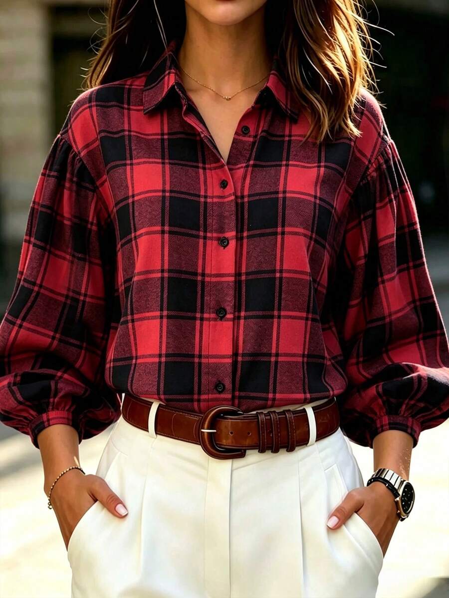 Women's Red Plaid Bishop Sleeve Woven Shirt With Button Front, Classic Fall Sty - Red and Black Plaid - View 1