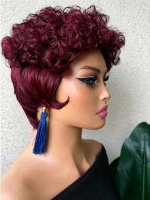 Peluca corta de cabello humano estilo pixie de 6 pulgadas, peluca de cabello humano rizado y rizado para mujeres, peluca completa hecha a máquina - Multicolor - Ver 17
