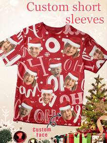 1pc Unisex Customized Multi-Photo Red Ho Ho Ho Letter Snowflake T-Shirt, Personalized Short Sleeve Top, Casual Holiday Outfit Gift - Multicolor - View 1