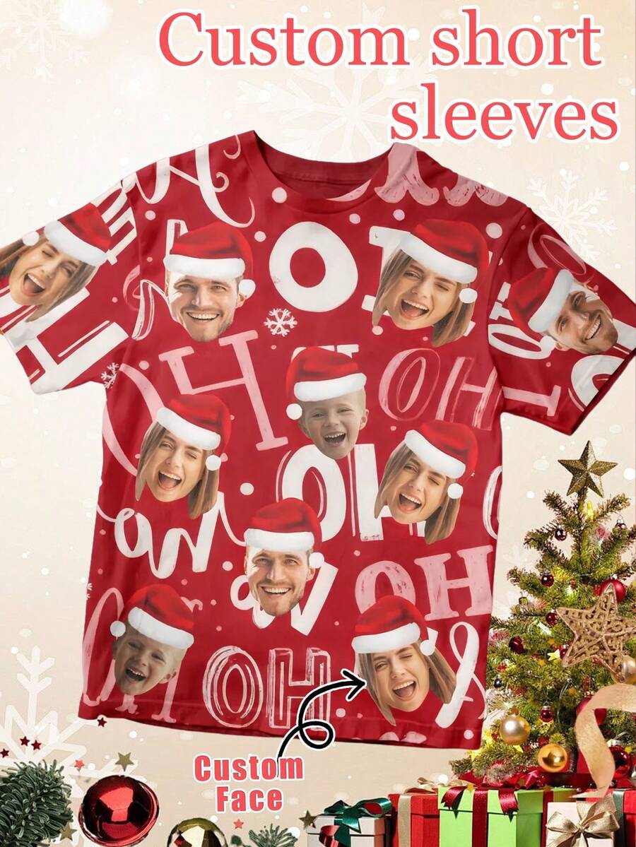 1pc Unisex Customized Multi-Photo Red Ho Ho Ho Letter Snowflake T-Shirt, Personalized Short Sleeve Top, Casual Holiday Outfit Gift - Multicolor - View 1