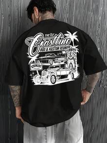 Camiseta con un estampado que presenta un coche modificado, palmeras y letras retro. - Negro - Ver 2