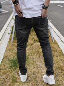 Men's Fashion Casual Washed Stretch Distressed Slim Fit Jeans - Dark Grey - View 3