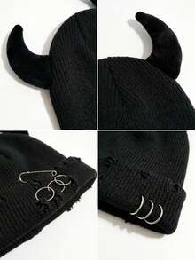 Women's Devil Horn Knit Beanie With Distressed Cuff And Metal Details For Punk Streetwear And Halloween Outfits - Devil Beanie - View 10