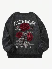 Tween Boy Vintage Red Rose Design Print Crew Neck Sweatshirt, Autumn And Winter Fashion Comfortable Top - Black - View 4