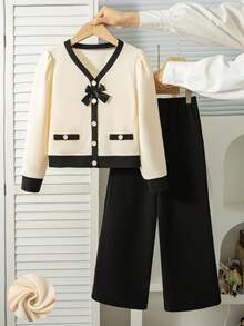 Girls' Casual Fashion Colorblock V-Neck Bow Decor Long Sleeve Cardigan And Straight Leg Pants 2-Piece Set, Spring/Autumn - Apricot - View 2