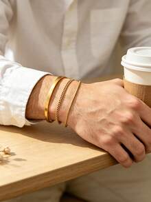 Set de 3 piezas de pulsera ajustable en forma de C de acero inoxidable chapado en oro de 18K, de moda para uso diario de hombres - Dorado - Ver 2