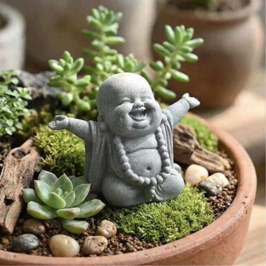 Mini Optimistic Buddha Statue, Resin Mini Figurine, Perfect Holiday Gift Choice For Outdoor Garden Decor/Patio Decor/Plant Decor/Fish Tank Decor/Balcony Decor, Flower Pot Decor, Desk Decor, Bookshelf Decor