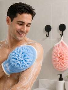 4Pcs Set 2-In-1 Bath Glove & Loofah, Dual-Use Exfoliating Shower Mitt With Bubble Sponge, Comes With 2 Hooks For Hanging Storage, Body Scrub Bath Accessory For Bathroom - Multicolor - View 2