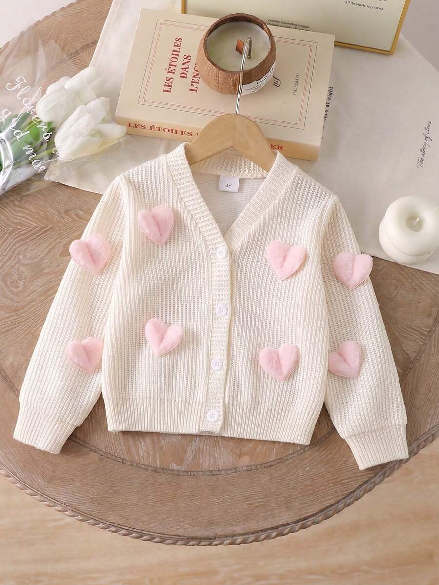 Girls' Fashionable Cute 3D Heart Pattern V-Neck Knit Cardigan, Soft & Comfortable, Casual Elegant Style, Button Design, Suitable For Spring/Autumn, Vacation, Party, School, Cycling, Home And Other Occasions - Apricot - View 1