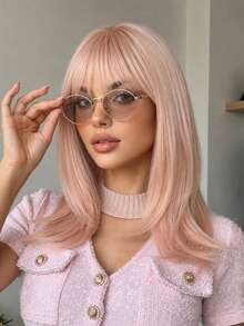 Topshe 16 Inch Light Pink & Silver Layered Cut Women's Wig With Bangs, Shoulder Length Straight Synthetic Fiber Wig, Heat Resistant Fashionable Hairstyle, Suitable For Halloween, Cosplay, Party, Costume Performance And Daily Wear - Multicolor - View 1
