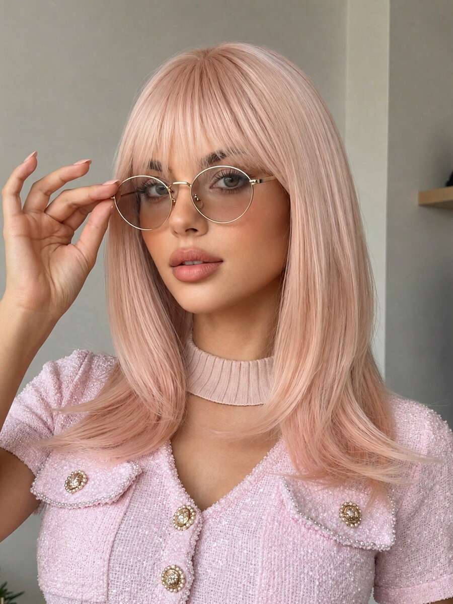Topshe 16 Inch Light Pink & Silver Layered Cut Women's Wig With Bangs, Shoulder Length Straight Synthetic Fiber Wig, Heat Resistant Fashionable Hairstyle, Suitable For Halloween, Cosplay, Party, Costume Performance And Daily Wear - Multicolor - View 1