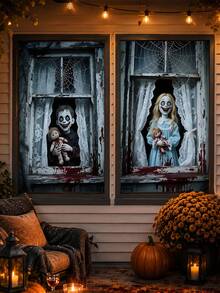1 Set Bloody Horror Doll Halloween Window Cover, Thriller Style Polyester Rectangular Curtain Fabric With Eerie Boy & Girl, Old Window And Bloodstain Prints, Suitable For Halloween Photo Props, Haunted House, Indoor/Outdoor Decoration, Yard Party And Door/Window Decor - E - View 6
