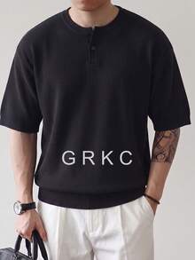 GRKC 男士短袖針織亨利領圓領寬鬆直筒休閒通勤風針織T恤 春夏上衣 - 黑色 - 查看 4