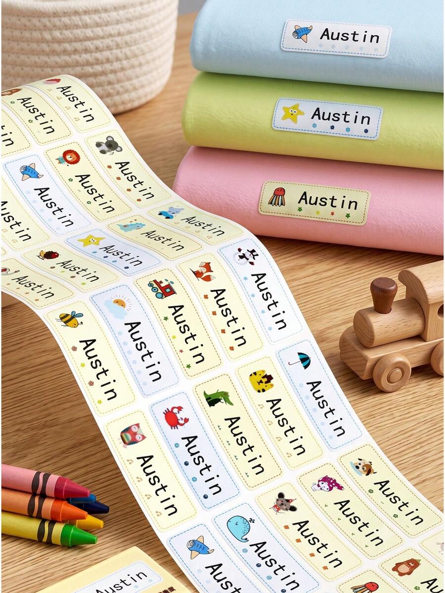 [Customized]Personalized Name Labels - 10/30/60/90pcs Washable & Iron-On Labels, Cartoon Pattern Stickers, For School Uniforms, Bed Sheets, Hats, Shoes, Backpacks, Office & Home Supplies, Back To School Gift, 1.77*0.62inch, Waterproof - Cartoon Pictures - View 1