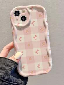 1 Stück Stück 2D kreative rosa karierte Herz- & Blumenwellenkanten Schutzhülle kompatibel mit Apple 7/8/X/XR/XS MAX/11/12/13/14/15/16/17 Pro Max, A14/A15/A16/A17/A04/A05/A06/A07/A54/A55/A56/A57/A34/A35/A36/A37/S26/S26 Plus/S26 Ultra, Transsion SMART 7/8/9/10 - Weiss - Übersicht 3