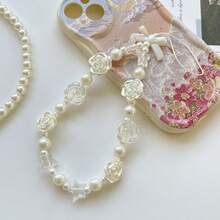Ins Style Bow White Rose Pearl Phone Lanyard, Fashionable Versatile Universal Phone Hanging Chain Anti-Loss Chain, Suitable For CCD Camera Lanyard, Earphone Case Lanyard, Car Key Chain Pendant, Water Bottle Lanyard, Bag Charm For Women - White - View 1