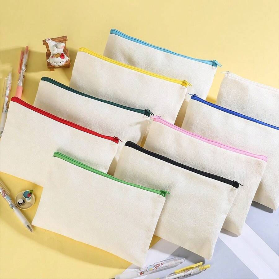 10PCS Beige & Multicolor Zipper Multifunctional Storage Bags, Blank Hand-Painted DIY Zipper Canvas Bags, Pencil Case Student Stationery Bag Document Storage Bag, Coin Phone Glasses Cosmetics Toiletries Storage Bag, Can Print LOGO Suitable For Home School Travel, Back To School Season Birthday Party Gift - Beige - View 1