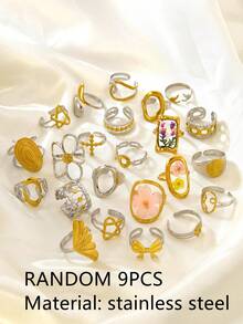 VceTd 6/9/12/19PCS Cincin Terbuka Wanita Acak dengan Dekorasi Hati/Bunga/Bintang/Desain Geometris, Cocok untuk Pemakaian Sehari-hari - Emas/Perak - View 4