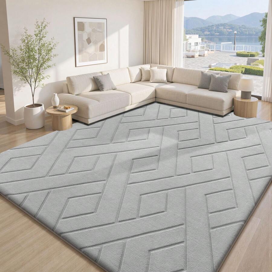 Sour Lemon Rugs Living Room Large 200x300cm,3D Area Rugs For Bedroom, Extra Large Rug For Living Room Geometric Diamond Pattern, Washable Soft Shaggy Non Shedding Fluffy Carpet Mat For Living Room, Bedroom, Kitchen & Office - Light Grey - View 1
