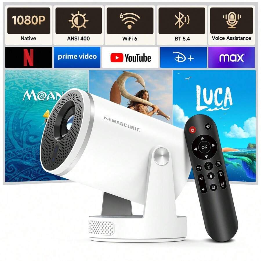Magcubic HY320Pro 2026 New Smart Projector Native 1080P Full HD Supports 8K Video Decoding 400ANSI Android 14 OS Smart TV Projector Built-In 5W Speaker WiFi 6 BT5.4 Home Cinema Suitable For Movies Video Games Streaming - White - View 1