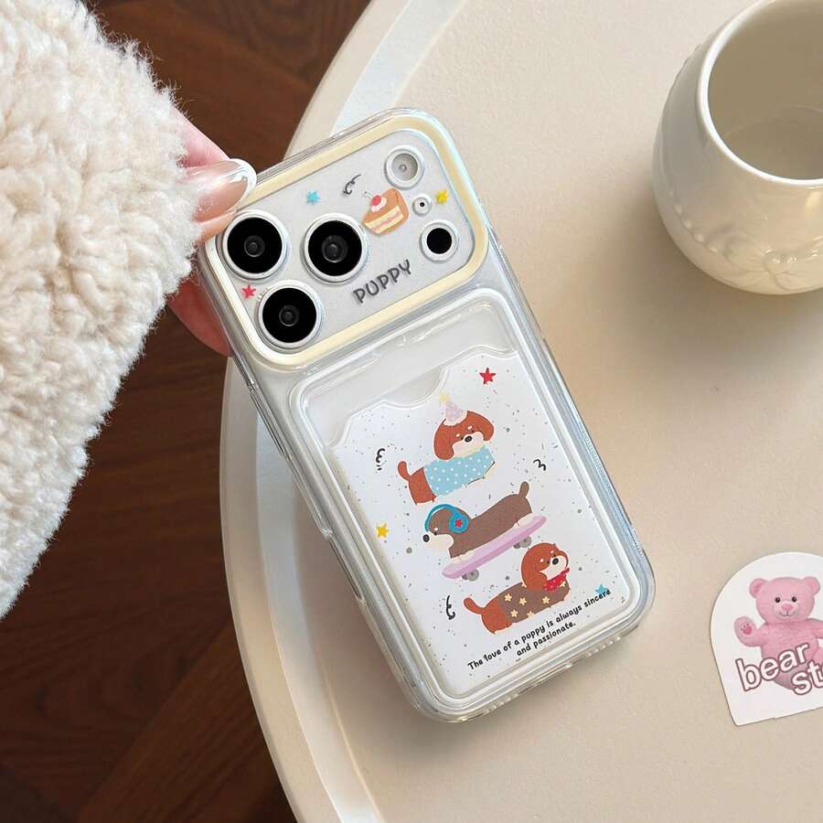 GUCADI Pink Card Holder Korean Cartoon Animal Full Coverage TPU Soft Case Compatible With Apple 16/15/14/13/12/11 All Series Phone Case