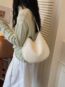 新款高品質紋理編織時尚休閒大容量通勤女款隨性手提包 - 白色 - 查看 6